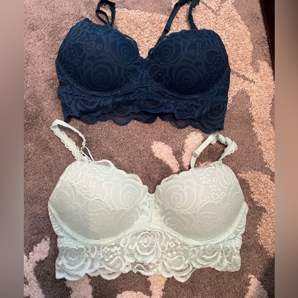 Two Victorias Secret Pink Light and Dark Blue Lace Padded Bralets XS 32A